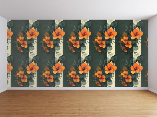 Orange hibiscus floral wallpaper with green leaves in modern room setting.