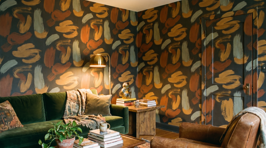 A fully papered four-wall room interior — every wall surface covered in the same seamlessly tiled abstract wallpaper