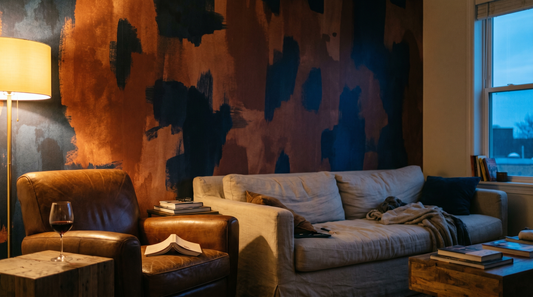 A lived-in evening living room where a single deep accent wall in a bold abstract pattern of warm rust and ink-blue tones