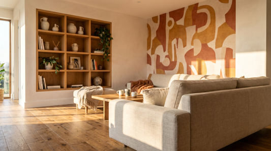A sunlit living room photographed at a three-quarter angle: a low linen sofa in oatmeal, a warm oak floor, a built-in shelf
