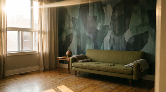 Close detail of a wall covered in a bold abstract patterned wallpaper in submerged greens, ink-dark blue and wet-slate gray