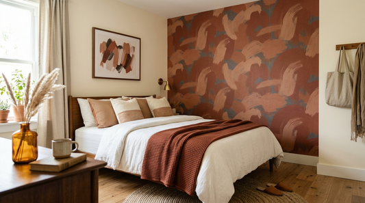 A styled short-term-rental bedroom corner at turnover, bed freshly made in white linen, one feature wall behind the