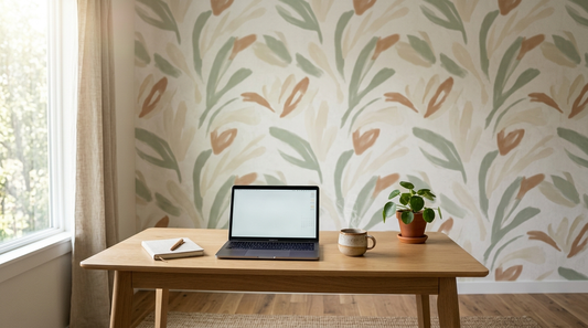 A photorealistic editorial interior photograph of a tidy home office corner: a light oak desk with a laptop and a ceramic