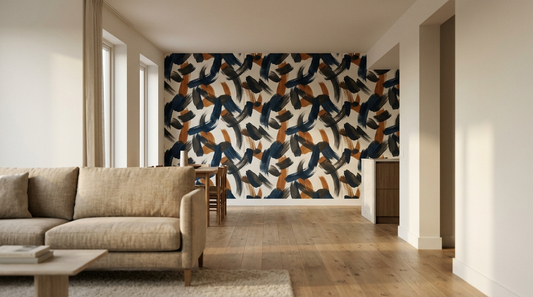 A wide editorial interior photograph looking across an open-plan ground floor from the living area toward a single feature