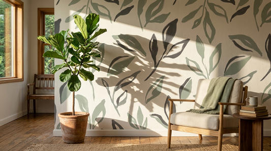 A sunlit corner of a living room where a real potted fig throws a long soft shadow onto a wall hung with printed abstract