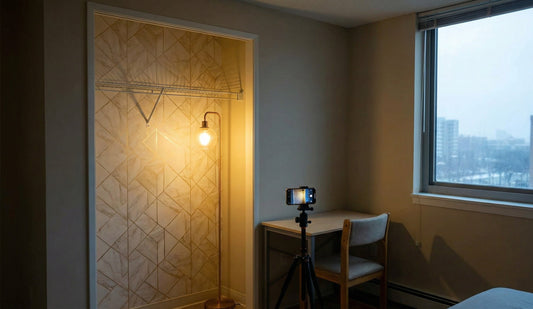 Stealth therapy. Using light-reflecting metallics and peel-and-stick patterns to outsmart a dark rental space