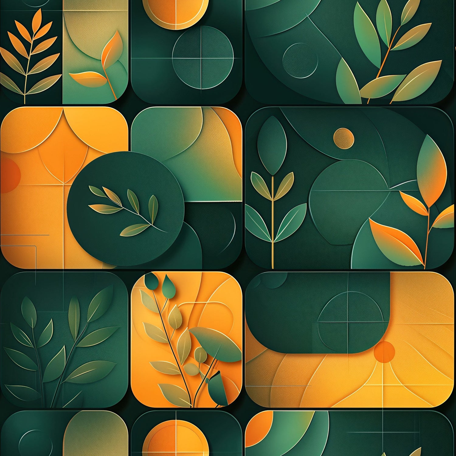 Retro geometric wallpaper with mosaic tiles, leaf motifs, and emerald green and amber colorway