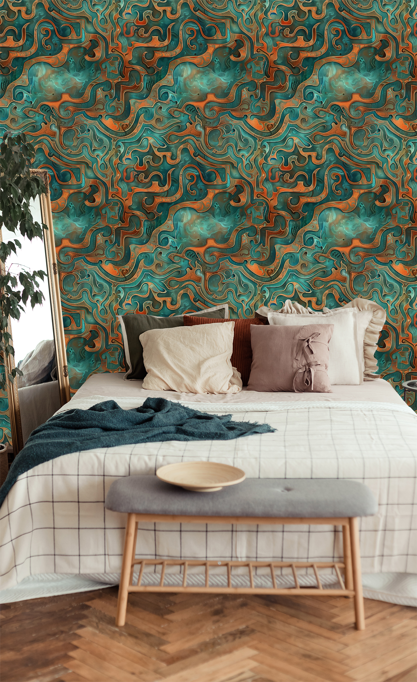Bedroom with ornate wall pattern, wooden bench, and checkered bedspread and fun, abstract wallpaper.