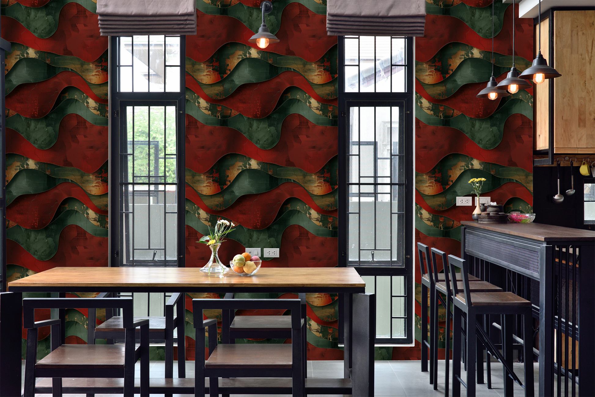 Modern interior with colorful wavy wall design, wooden table, and chairs.