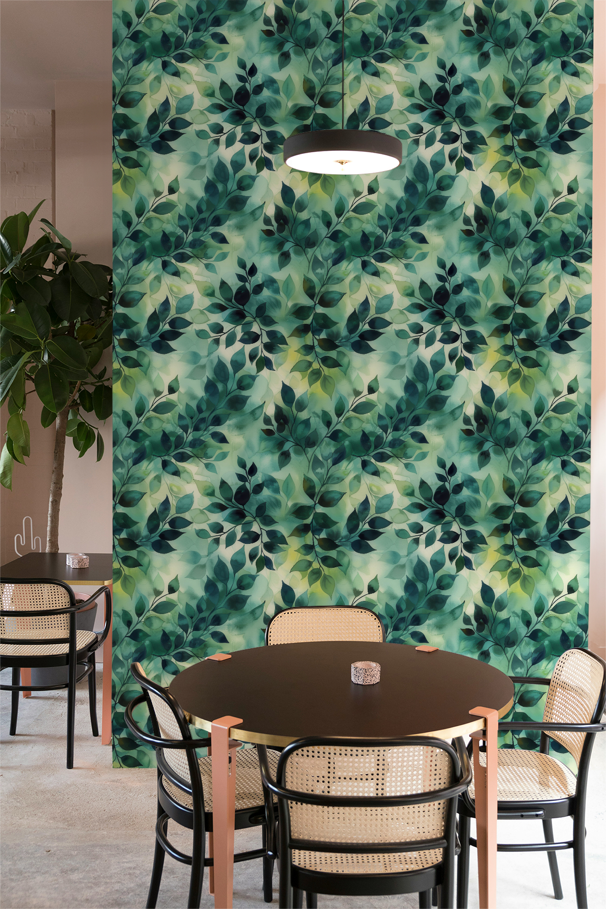 Dining area with a green leafy patterned wall, round table, and chairs.