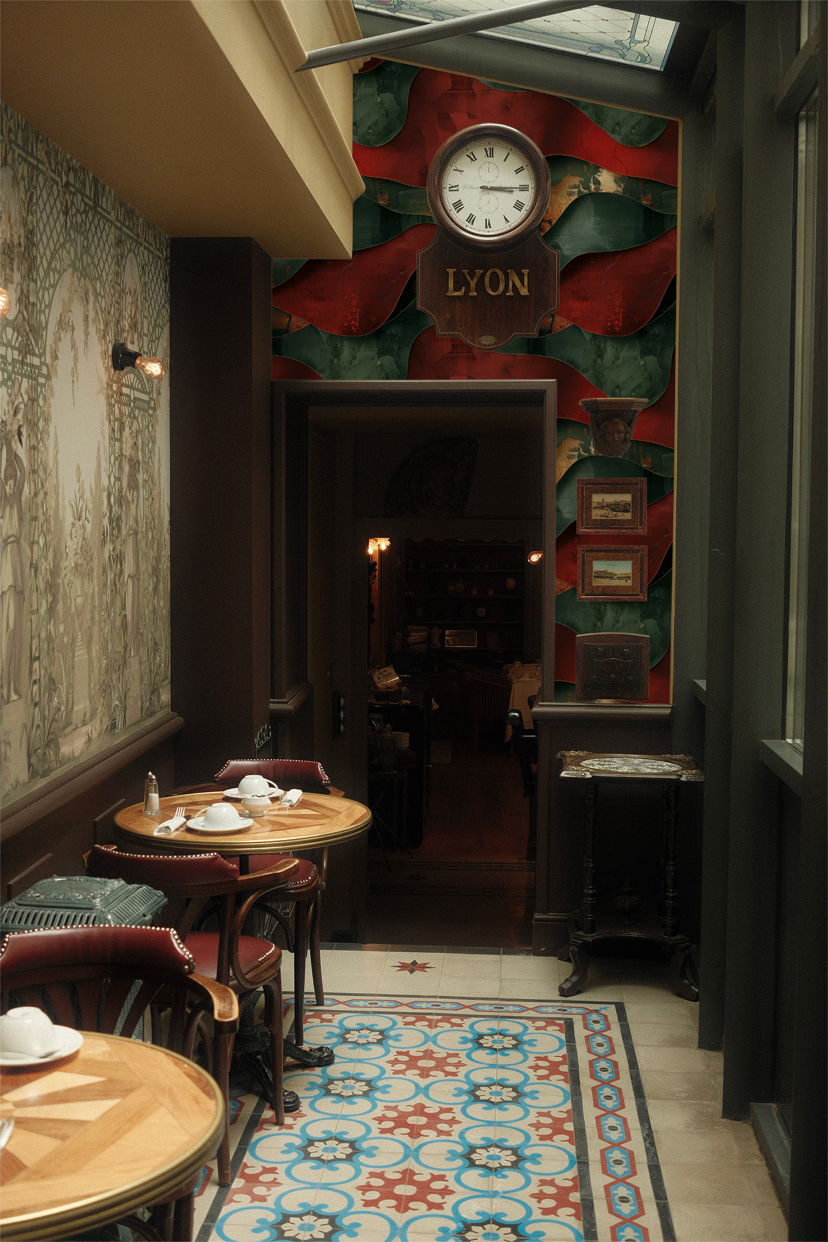 Dining area with tables and chairs in a cozy restaurant setting, featuring a decorative wall with a clock and 'LYON' sign.