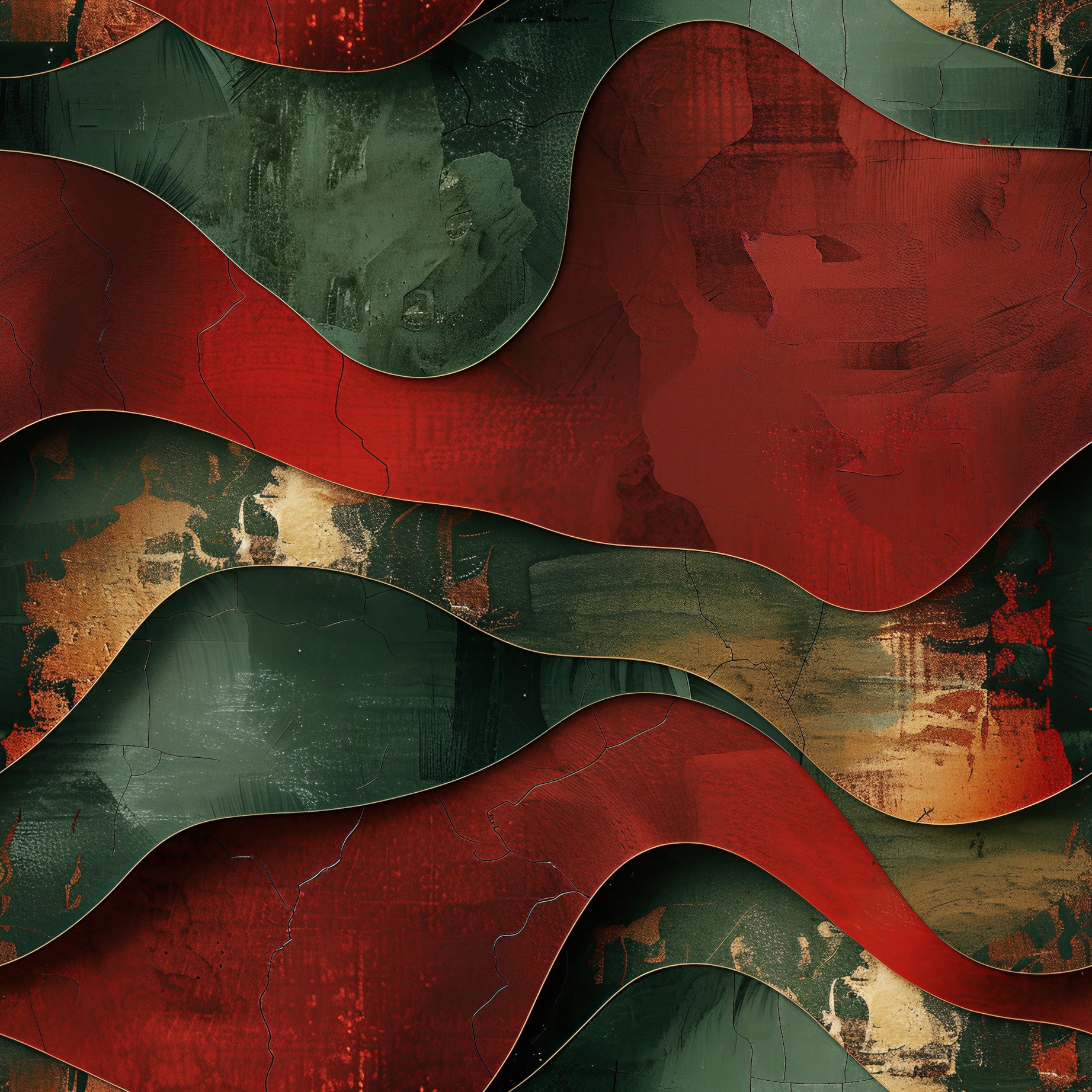 Abstract art with wavy red and green patterns on a textured background