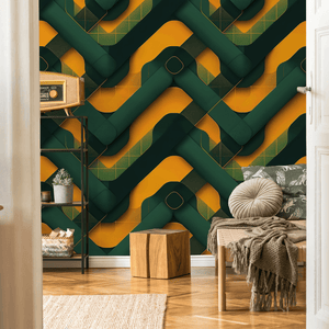 Modern interior with geometric green and orange wall design