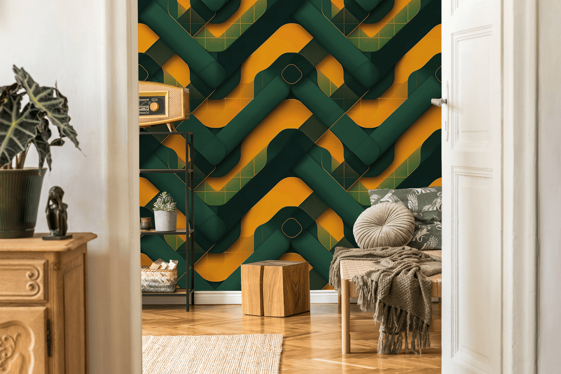 Modern interior with geometric green and orange wall design
