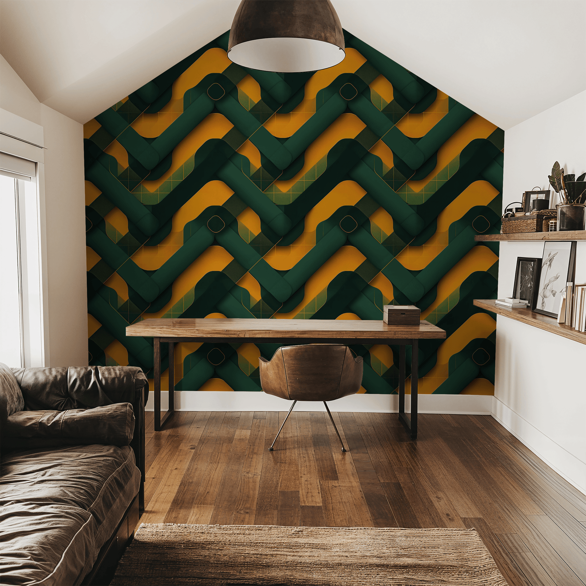 Modern interior with a geometric patterned wall, wooden furniture, and decor items.