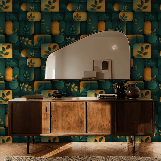 Wooden sideboard against a decorative wall with geometric patterns