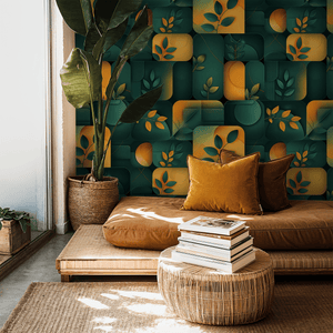 Modern living room with a textured green and yellow wall, brown sofa, and decorative pillows.