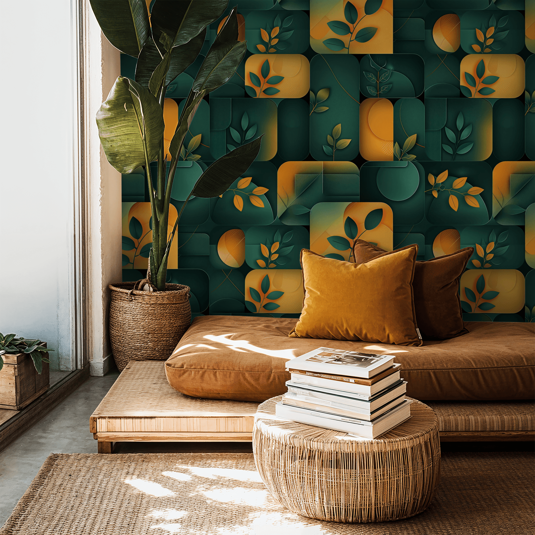 Modern living room with a textured green and yellow wall, brown sofa, and decorative pillows.