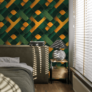 Modern bedroom with geometric green and yellow wall design and a bed.