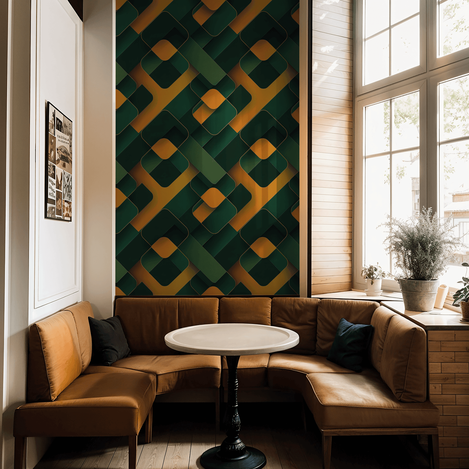 Modern interior with a brown sectional sofa, round white table, and geometric patterned wall.