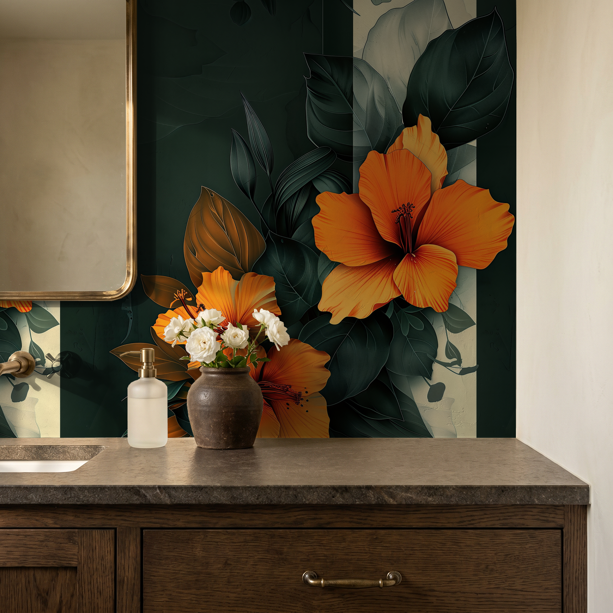 Orange hibiscus floral wallpaper with green leaves in elegant bathroom setting.
