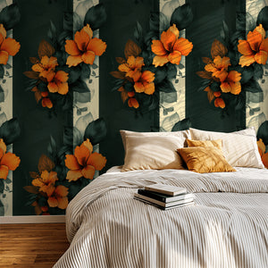 Tropical orange hibiscus floral wallpaper in a cozy bedroom setting.