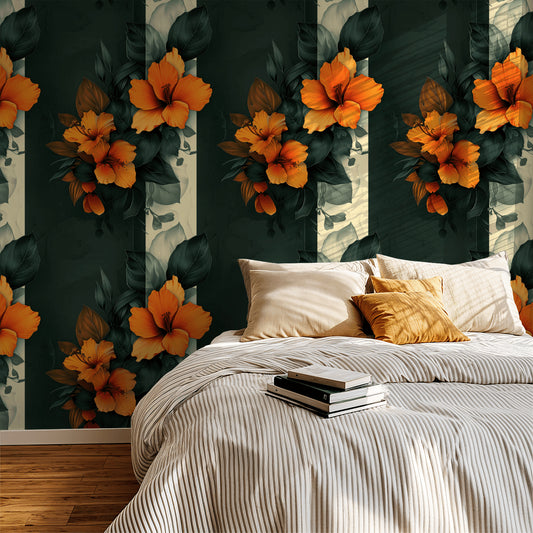 Tropical orange hibiscus floral wallpaper in a cozy bedroom setting.