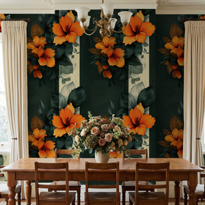 Tropical orange hibiscus floral wallpaper in elegant dining room setting.