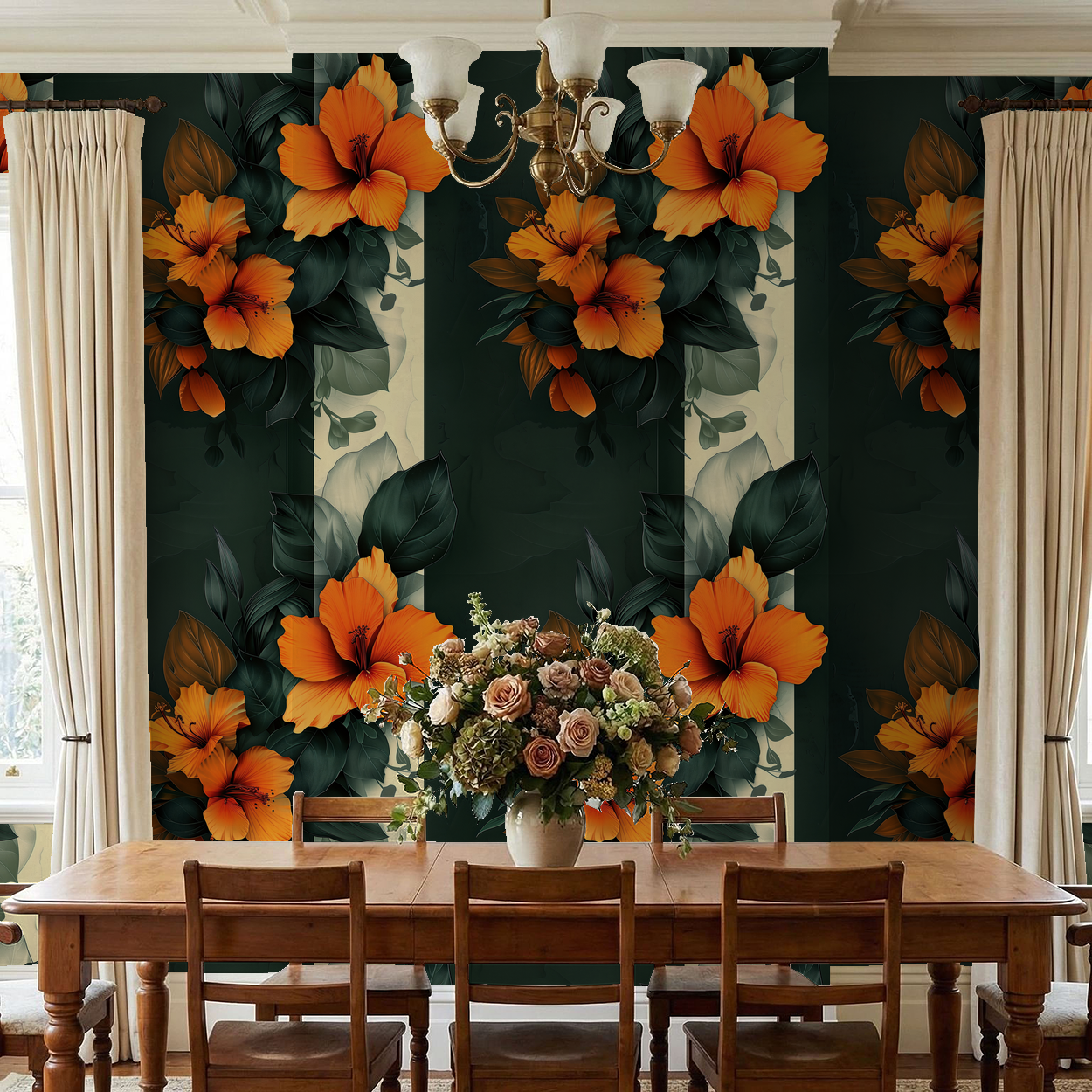 Tropical orange hibiscus floral wallpaper in elegant dining room setting.