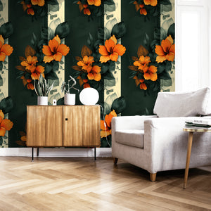 Orange hibiscus floral wallpaper with green leaves in modern living room setting.
