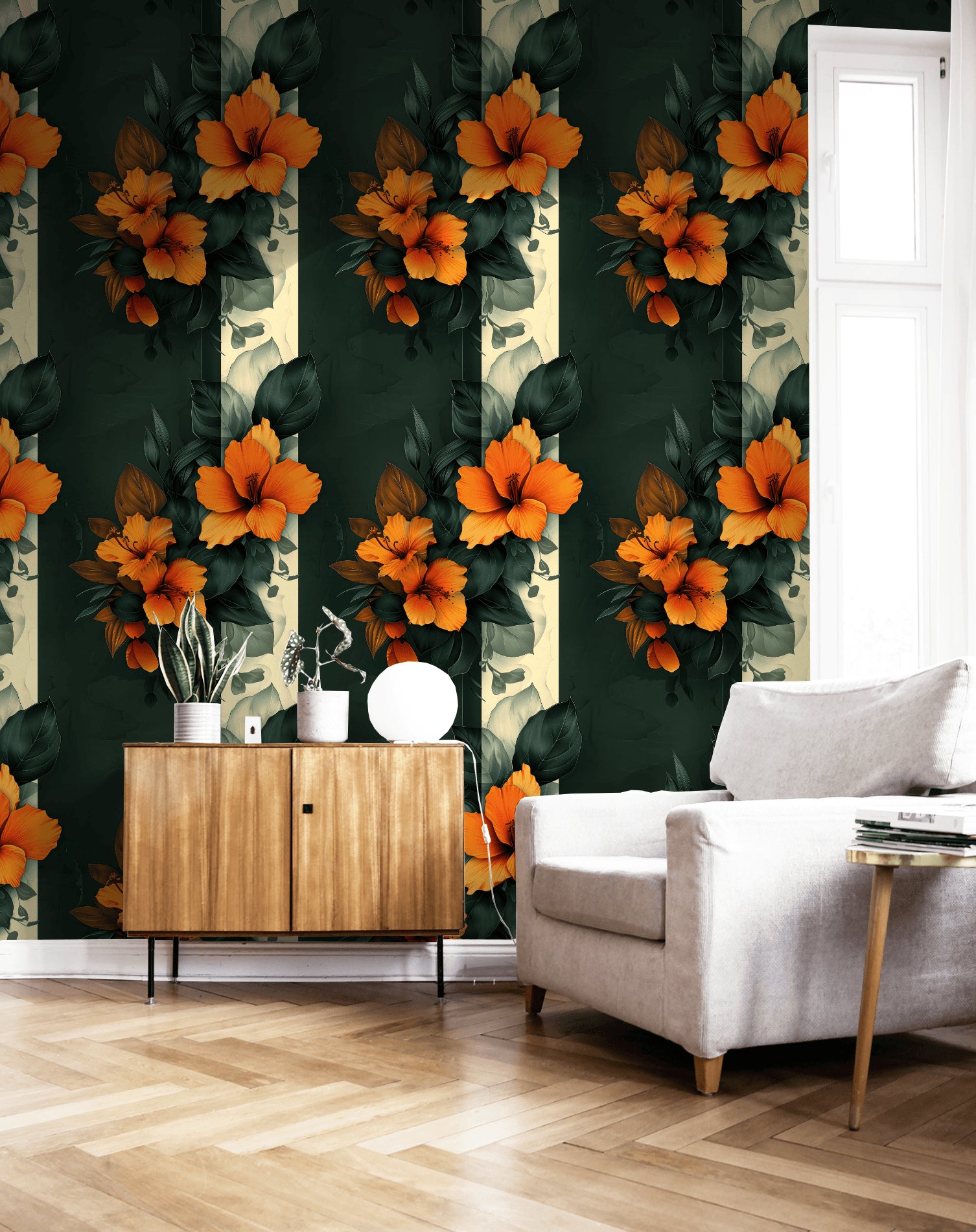 Orange hibiscus floral wallpaper with green leaves in modern living room setting.