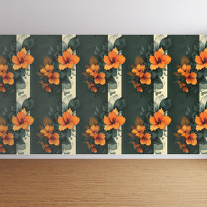 Orange hibiscus floral wallpaper with green leaves in modern room setting.