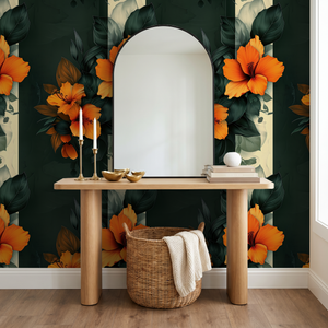 Tropical wallpaper with orange hibiscus and green leaves in modern room setting.