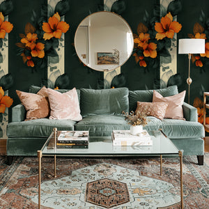Vibrant tropical wallpaper with orange hibiscus on dark green in elegant living room.