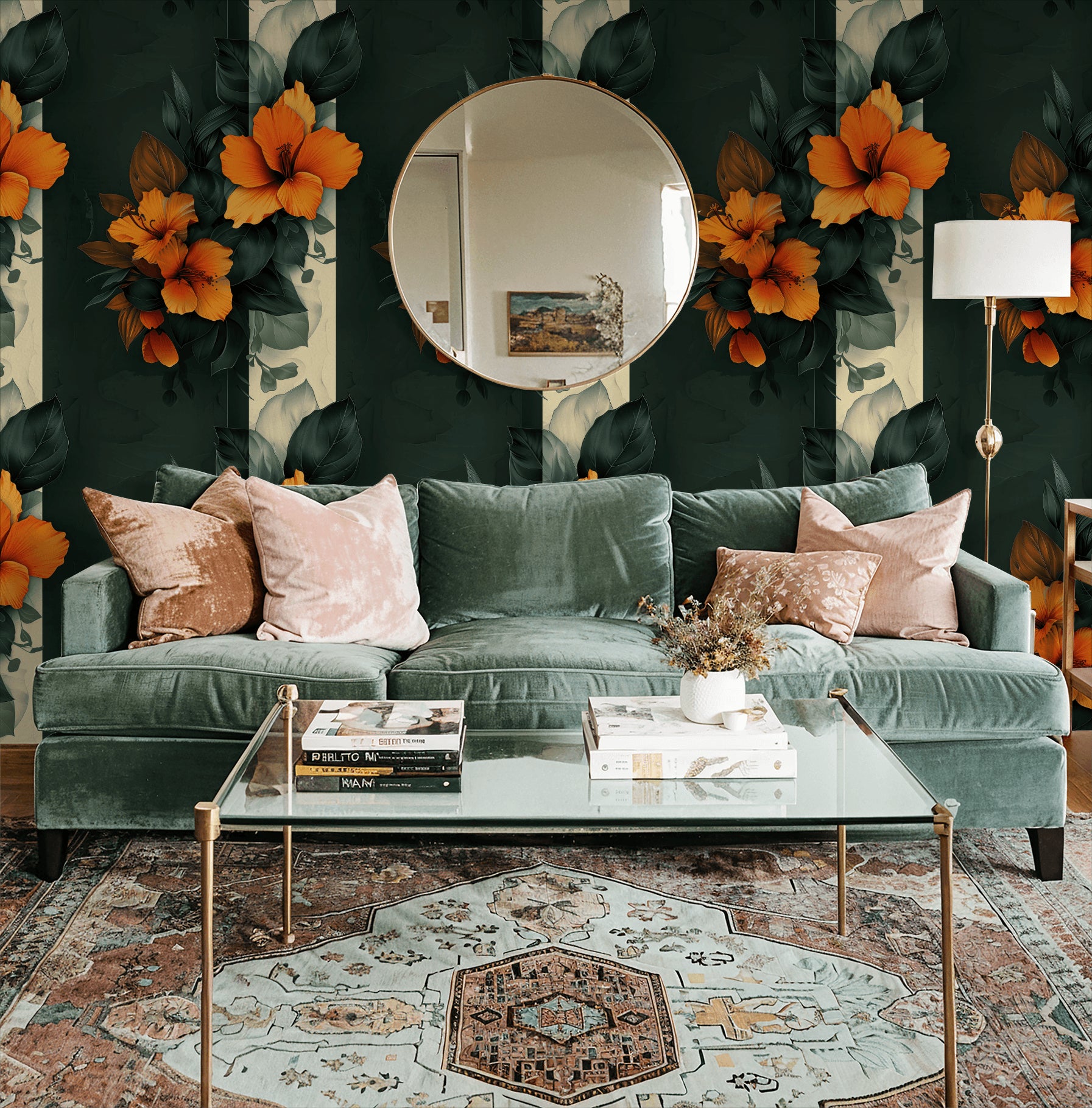 Vibrant tropical wallpaper with orange hibiscus on dark green in elegant living room.