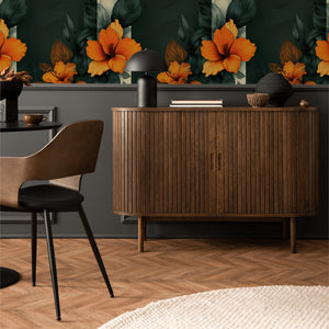 Tropical wallpaper with orange hibiscus on dark green in modern dining room.
