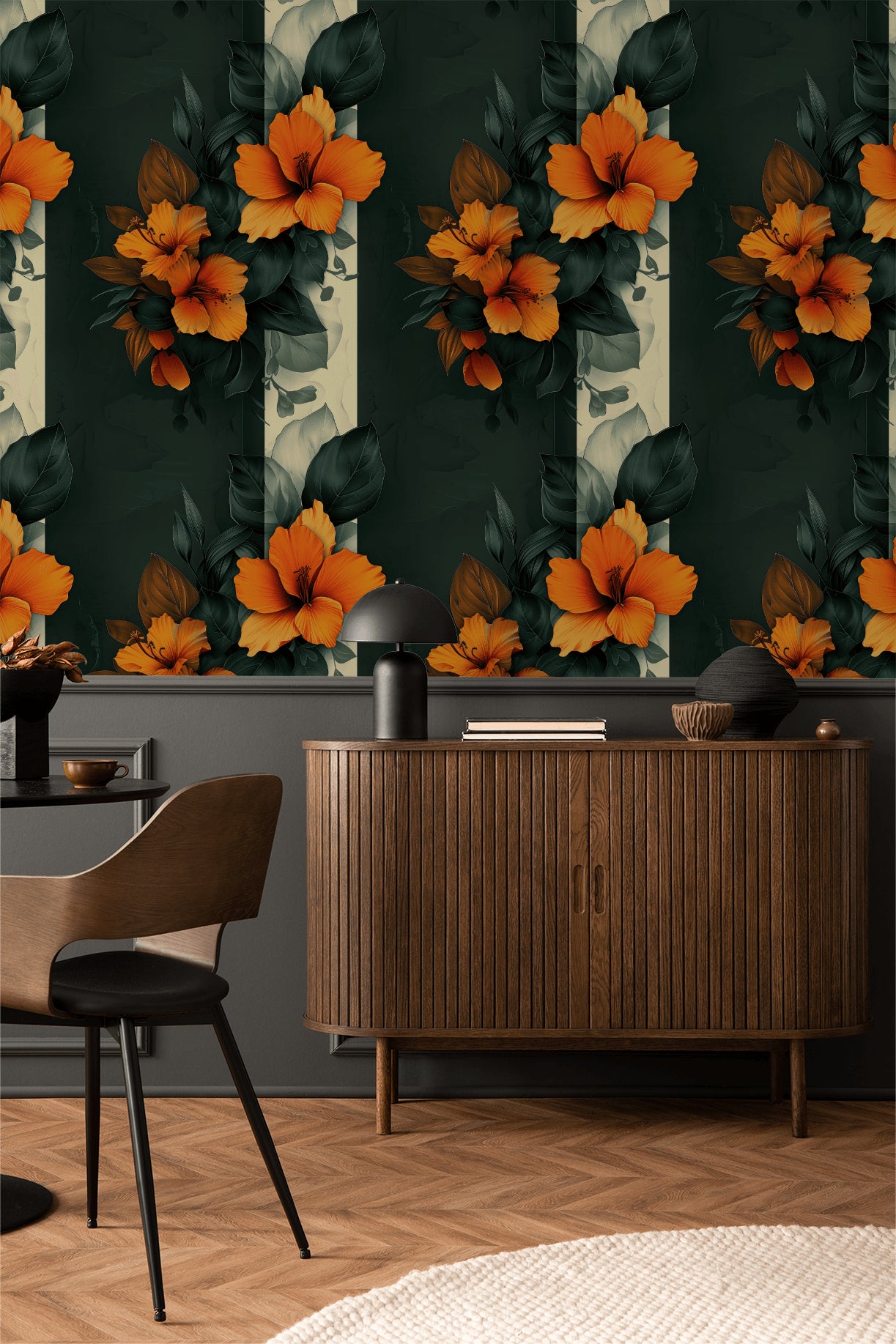 Tropical wallpaper with orange hibiscus on dark green in modern dining room.