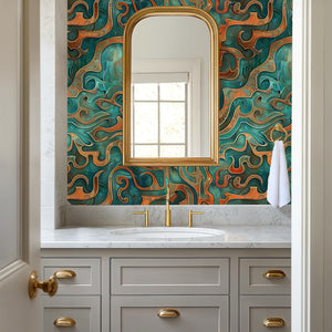Bathroom with decorative wallpaper, mirror, and vanity.