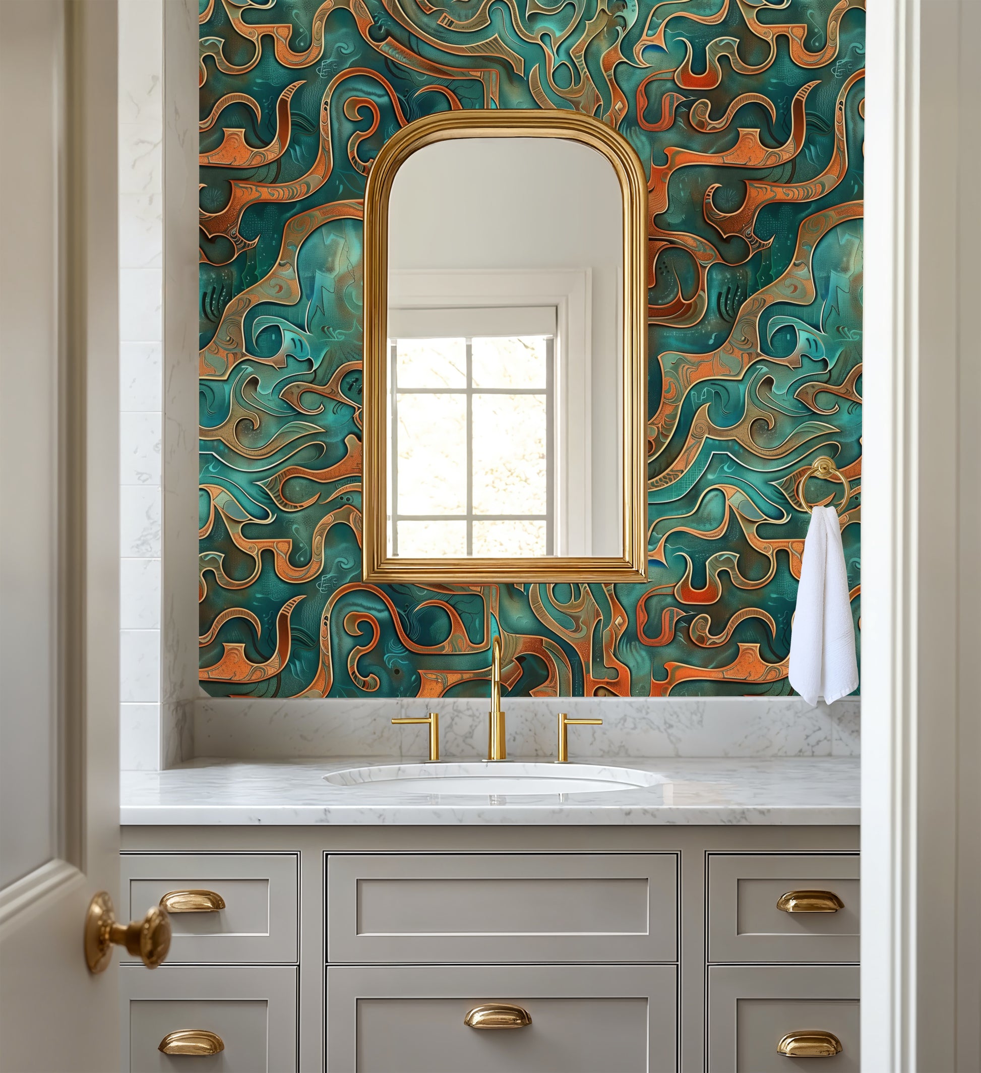 Bathroom with decorative wallpaper, mirror, and vanity.